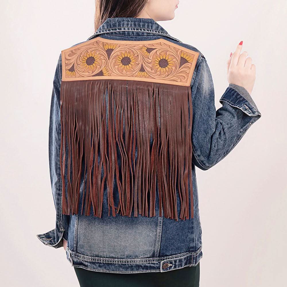 ADJKT016 Genuine leather Hand tooled hand carved Women 100% cotton Denim jacket  dress ladies girl