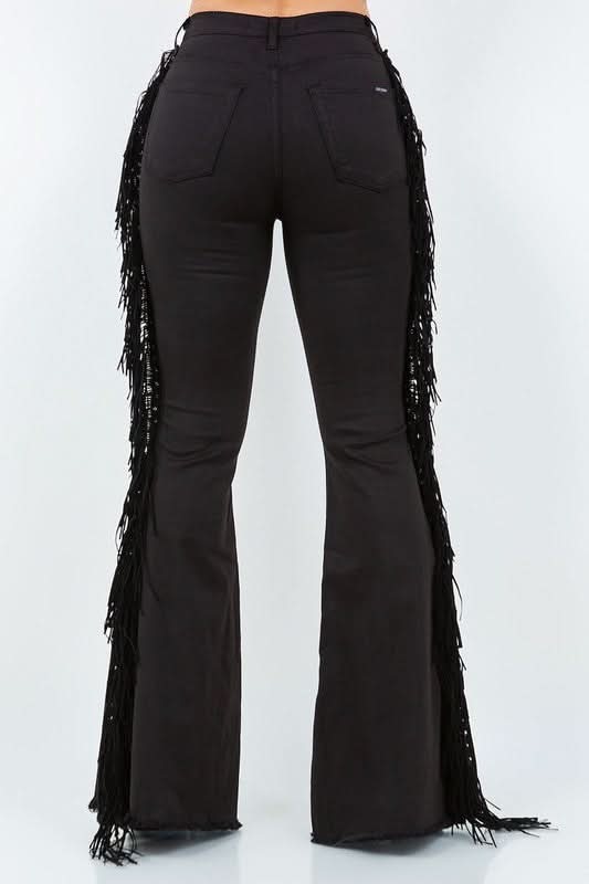 High Rise Bell Bottom Jeans Featuring Tassel Detailing Pockets Inseam Thirty Inches