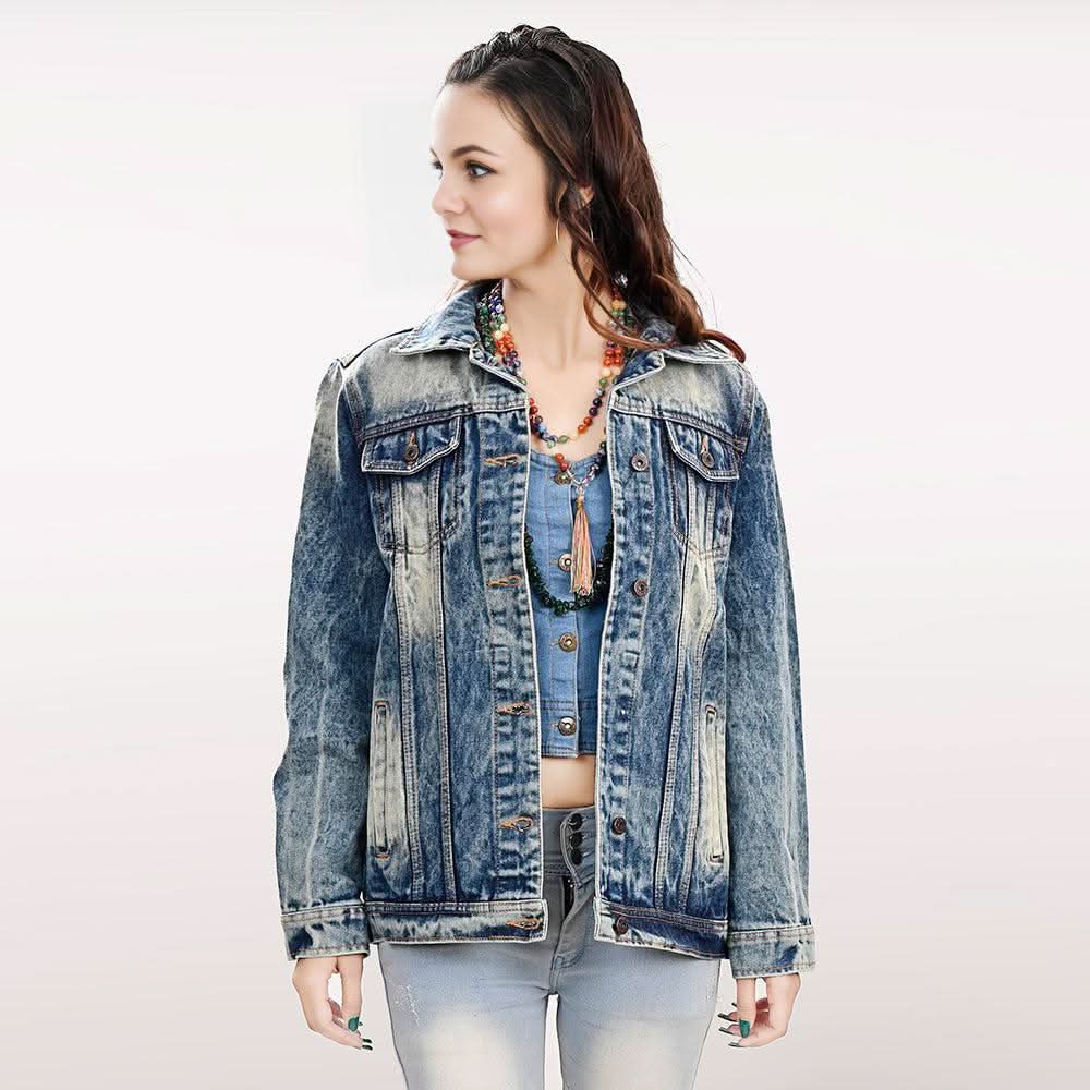 ADJKT005 Genuine leather Hand tooled hand carved Women 100% cotton Denim jacket  dress ladies girl