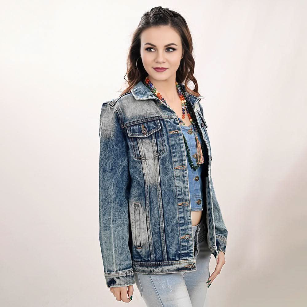 ADJKT005 Genuine leather Hand tooled hand carved Women 100% cotton Denim jacket  dress ladies girl