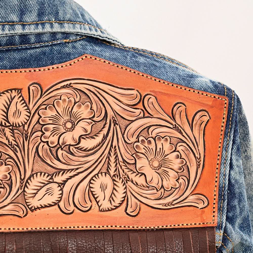 ADJKT005 Genuine leather Hand tooled hand carved Women 100% cotton Denim jacket  dress ladies girl