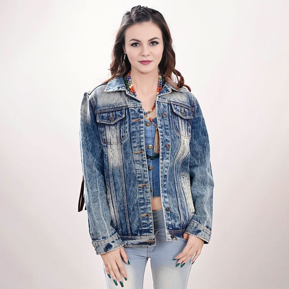 ADJKT005 Genuine leather Hand tooled hand carved Women 100% cotton Denim jacket  dress ladies girl
