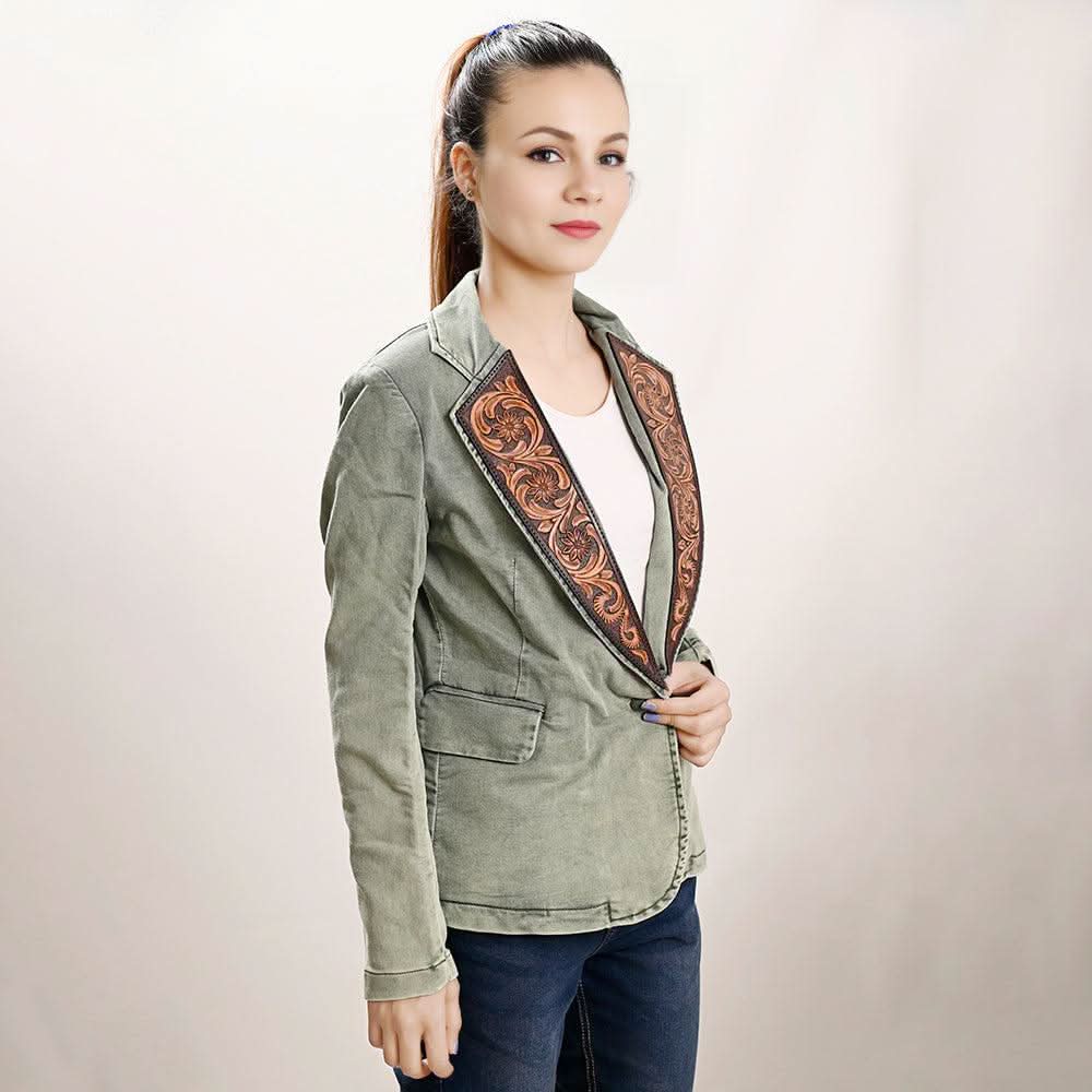 ADBZ023 Genuine leather Hand tooled hand carved Women 100% cotton Denim Blazer dress jacket ladies Girl