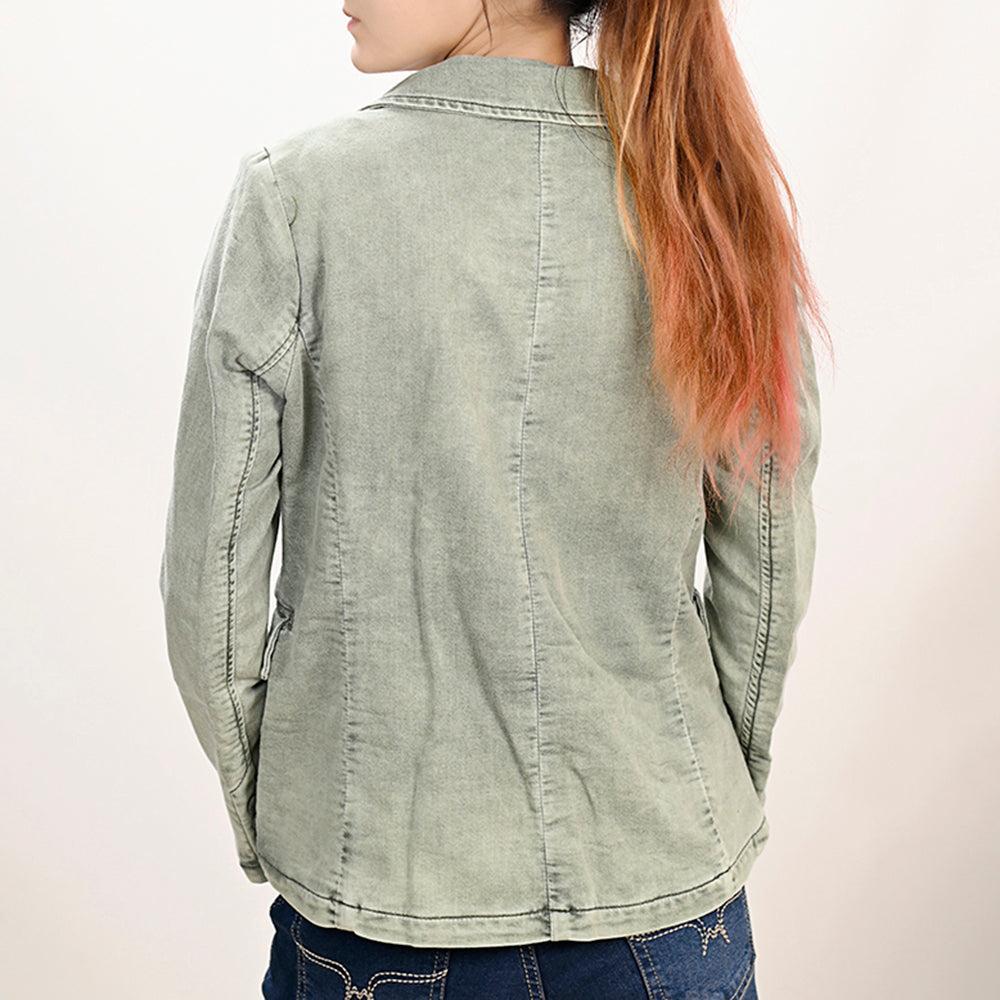 ADBZ023 Genuine leather Hand tooled hand carved Women 100% cotton Denim Blazer dress jacket ladies Girl