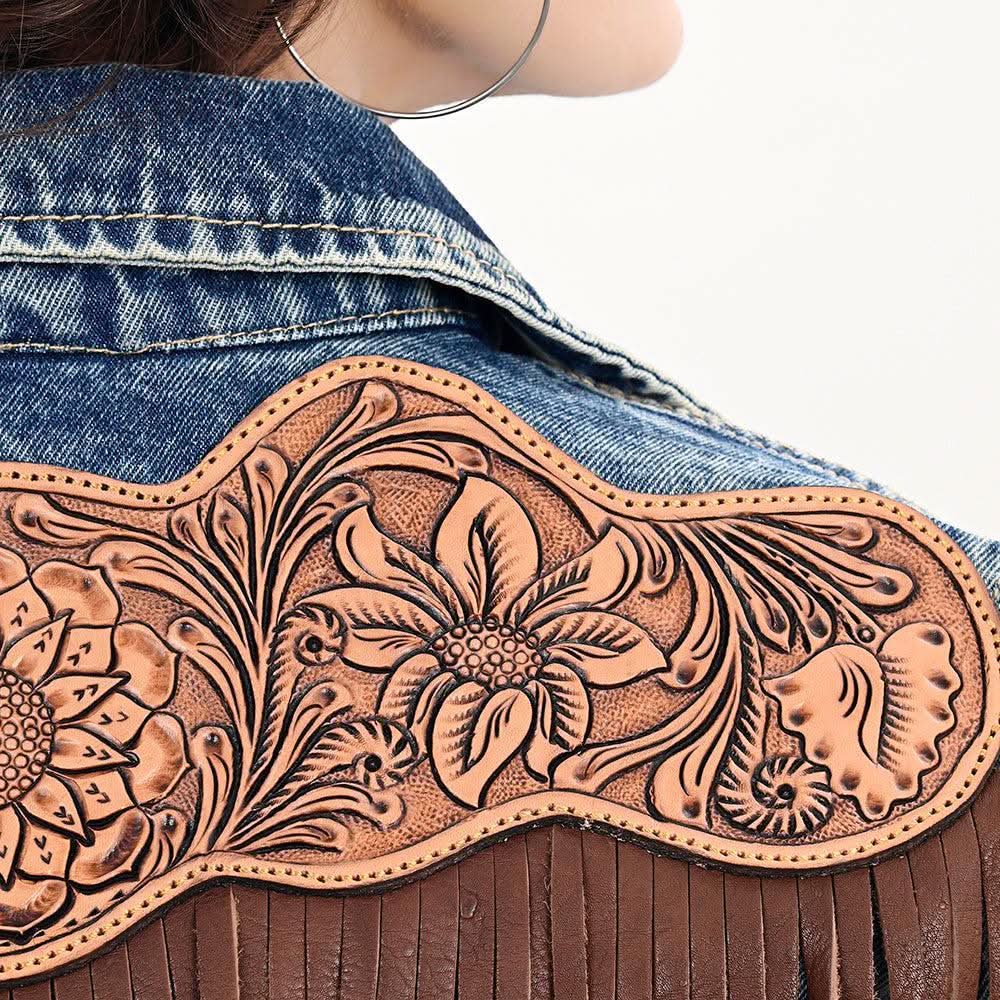ADJKT018 Genuine leather Hand tooled hand carved Women 100% cotton Denim jacket  dress ladies girl