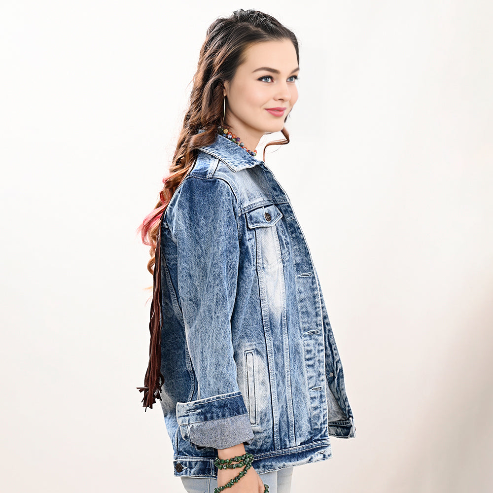 ADJKT026 Genuine leather Hand tooled hand carved Women 100% cotton Denim jacket  dress ladies girl