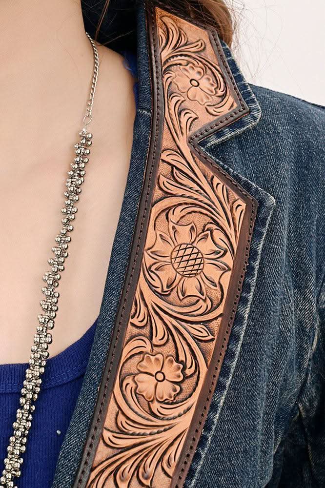 ADBZ044 Genuine leather Hand tooled hand carved Women 100% cotton Denim Blazer dress jacket ladies Girl