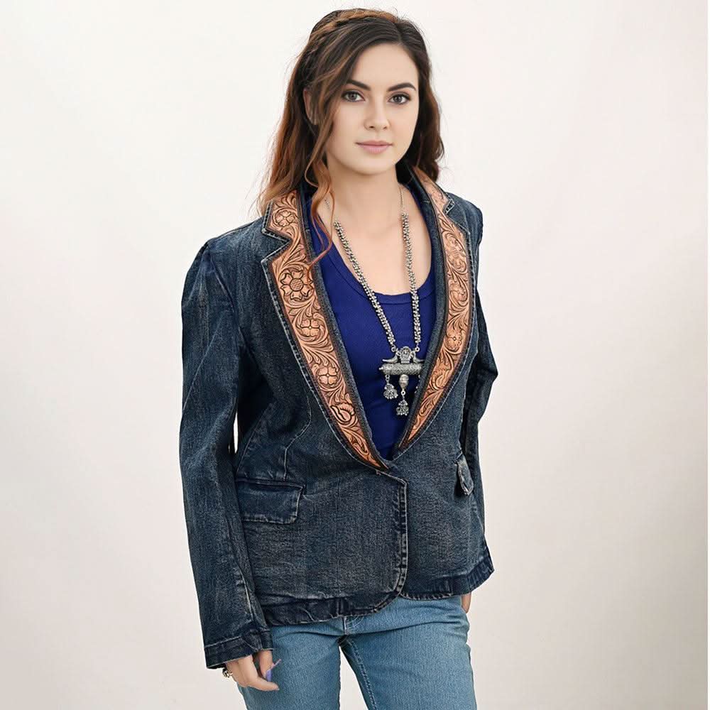 ADBZ044 Genuine leather Hand tooled hand carved Women 100% cotton Denim Blazer dress jacket ladies Girl