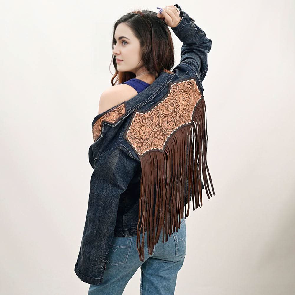 ADBZ044 Genuine leather Hand tooled hand carved Women 100% cotton Denim Blazer dress jacket ladies Girl