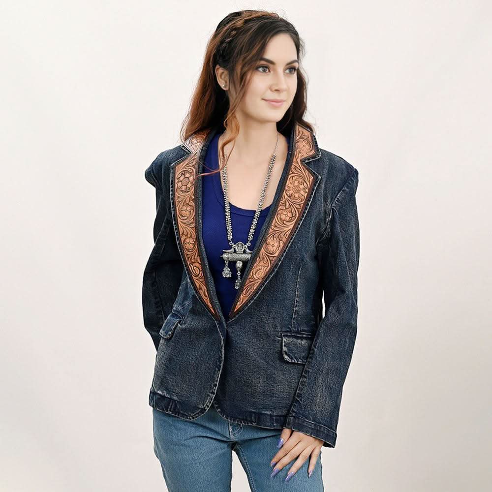ADBZ044 Genuine leather Hand tooled hand carved Women 100% cotton Denim Blazer dress jacket ladies Girl
