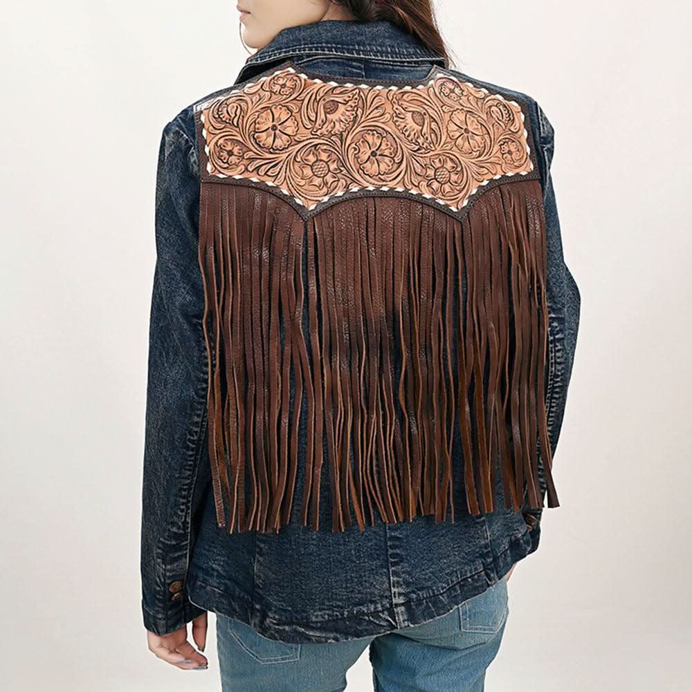 ADBZ044 Genuine leather Hand tooled hand carved Women 100% cotton Denim Blazer dress jacket ladies Girl