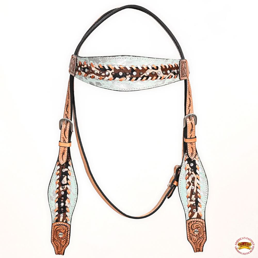 HILASON Western Horse Headstall Breast Collar Hairon Leather Tan
