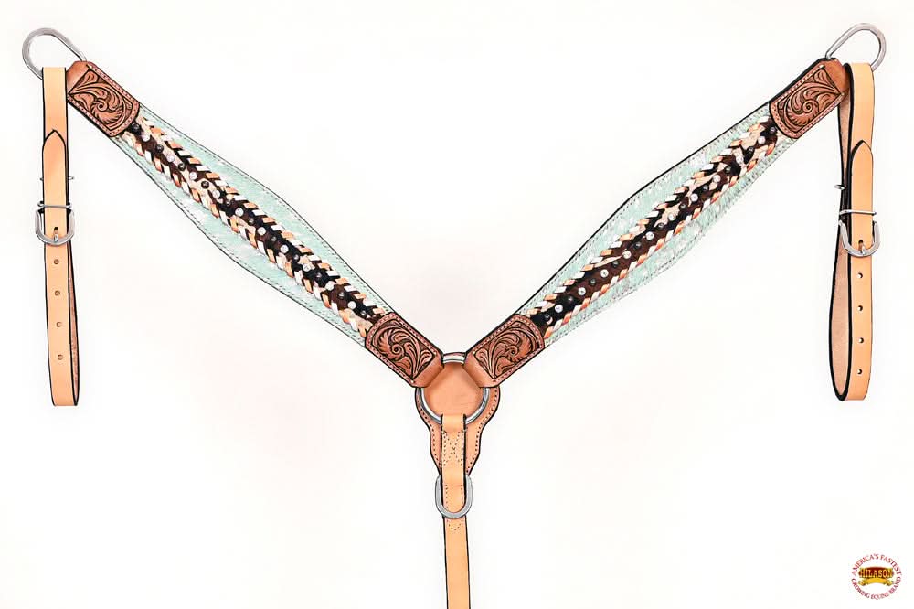 HILASON Western Horse Headstall Breast Collar Hairon Leather Tan