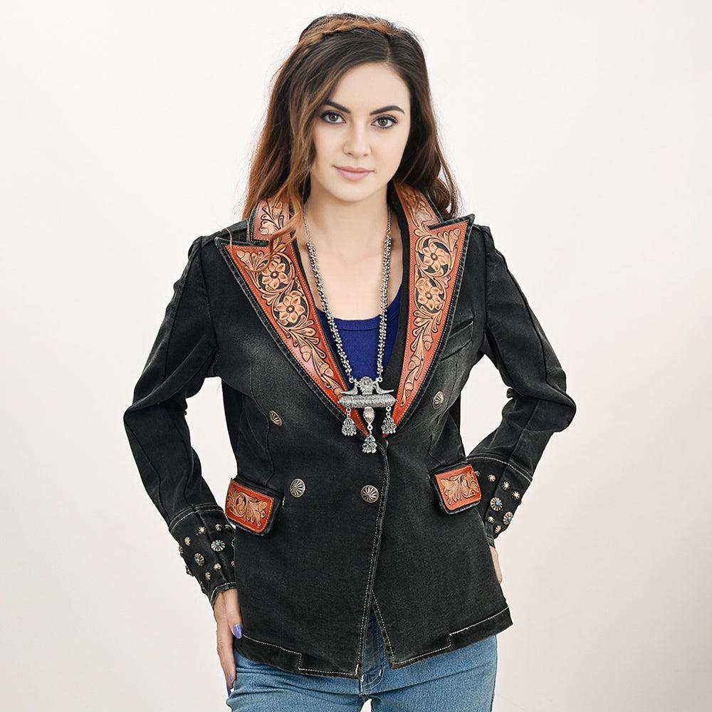ADBZ048 Genuine leather Hand tooled hand carved Women 100% cotton Denim Blazer dress jacket ladies Girl