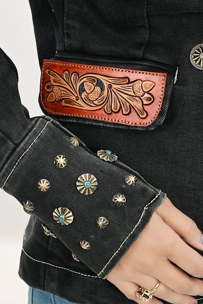 ADBZ048 Genuine leather Hand tooled hand carved Women 100% cotton Denim Blazer dress jacket ladies Girl