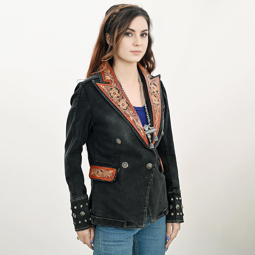 ADBZ048 Genuine leather Hand tooled hand carved Women 100% cotton Denim Blazer dress jacket ladies Girl