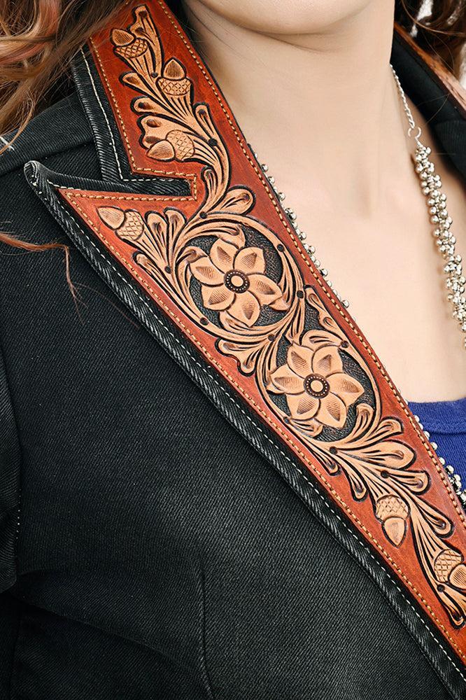 ADBZ048 Genuine leather Hand tooled hand carved Women 100% cotton Denim Blazer dress jacket ladies Girl