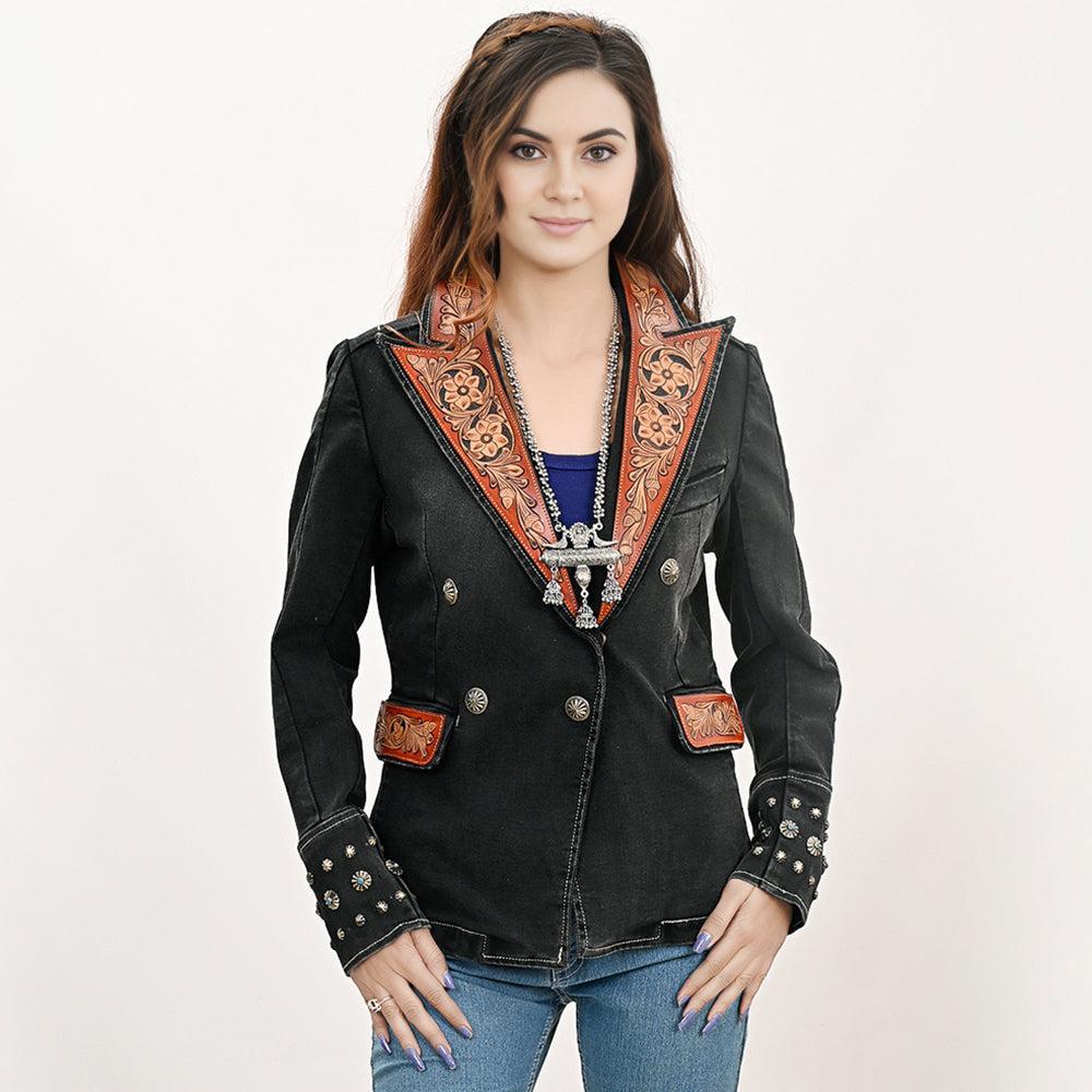 ADBZ048 Genuine leather Hand tooled hand carved Women 100% cotton Denim Blazer dress jacket ladies Girl