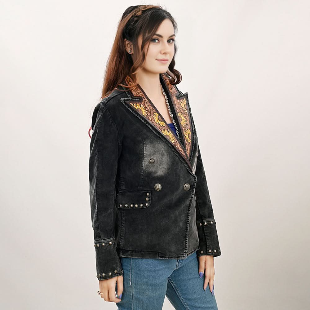 ADBZ049 Genuine leather Hand tooled hand carved Women 100% cotton Denim Blazer dress jacket ladies Girl