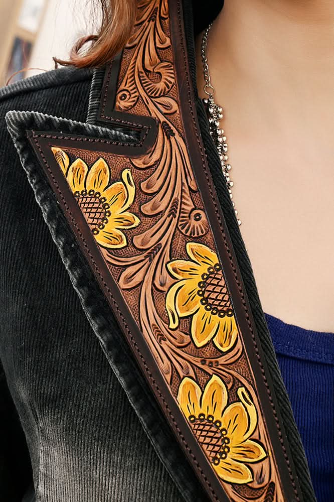 ADBZ049 Genuine leather Hand tooled hand carved Women 100% cotton Denim Blazer dress jacket ladies Girl