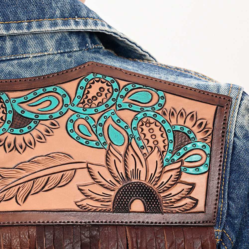ADJKT030 Genuine leather Hand tooled hand carved Women 100% cotton Denim jacket  dress ladies girl
