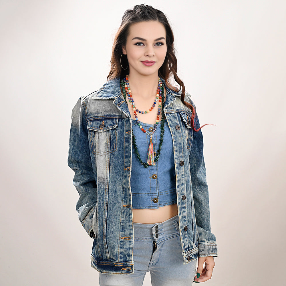 ADJKT030 Genuine leather Hand tooled hand carved Women 100% cotton Denim jacket  dress ladies girl