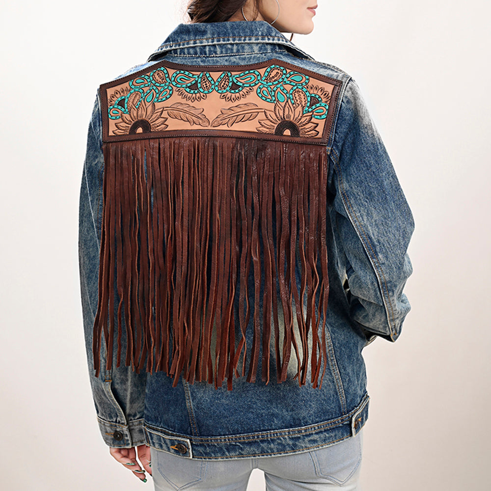 ADJKT030 Genuine leather Hand tooled hand carved Women 100% cotton Denim jacket  dress ladies girl