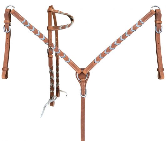 Argentina cow harness Leather one ear headstall and breast collar set with hair on cowhide lacing