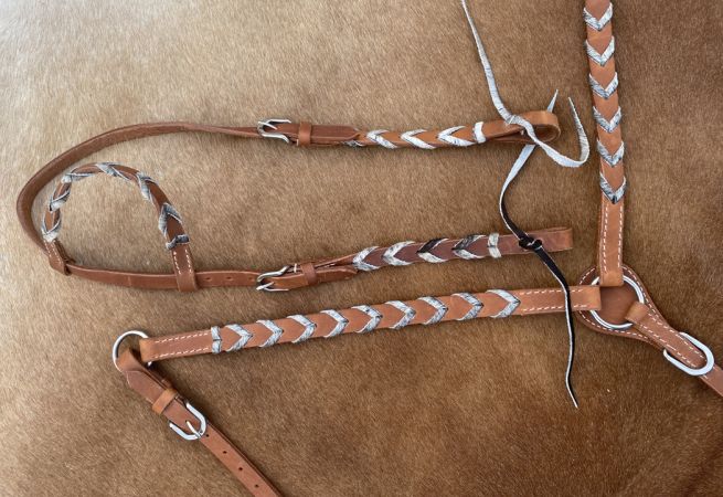Argentina cow harness Leather one ear headstall and breast collar set with hair on cowhide lacing