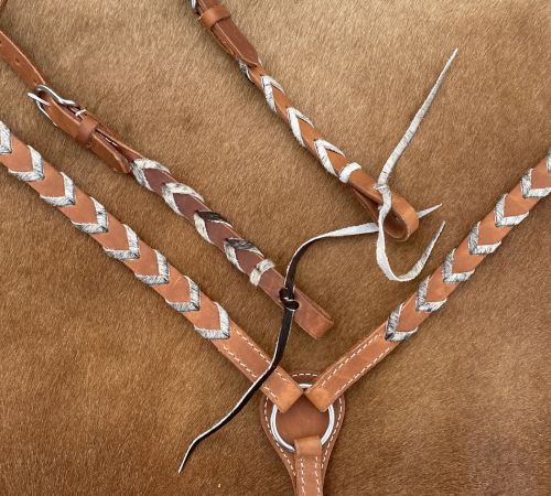 Argentina cow harness Leather one ear headstall and breast collar set with hair on cowhide lacing
