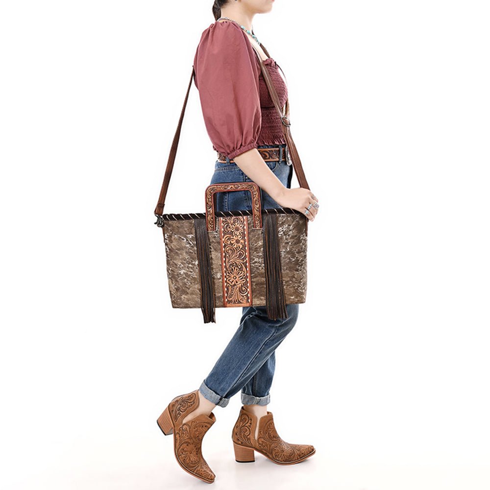 American Darling Adbg1298 Tote Hand Tooled Hair-On Genuine Leather Women Bag Western Handbag Purse