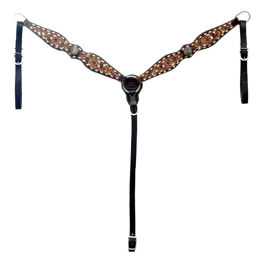 Hilason Horse Floral Hand Carved American Leather Breast Collar Headstall Concho Brown