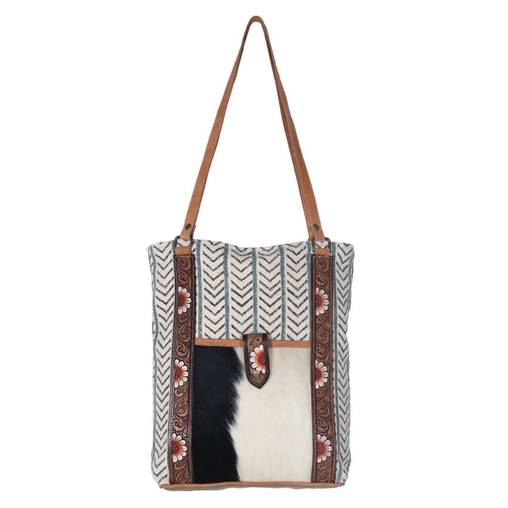 Ohlay Bags OHV189 Tote Hand Tooled Upcycled Canvas Hair-On Genuine Leather Women Bag Western Handbag Purse