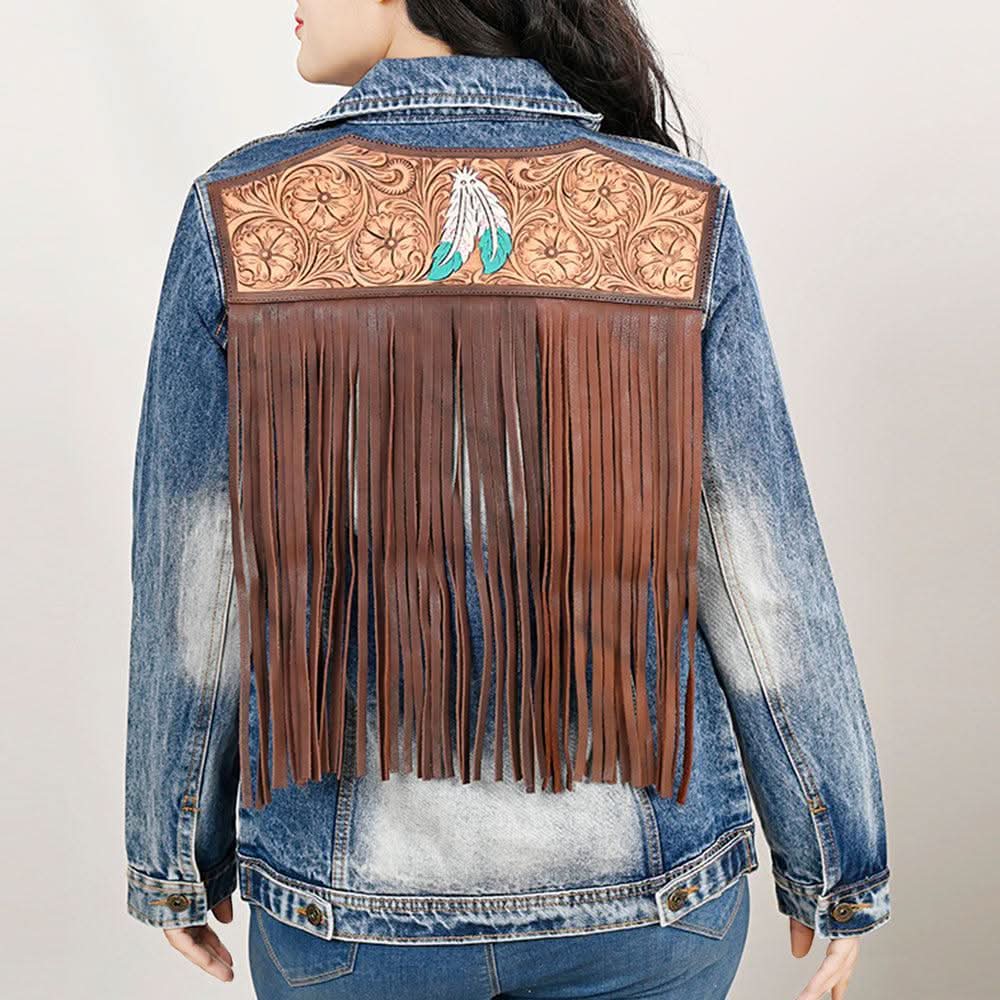 ADJKT029 Genuine leather Hand tooled hand carved Women 100% cotton Denim jacket  dress ladies girl