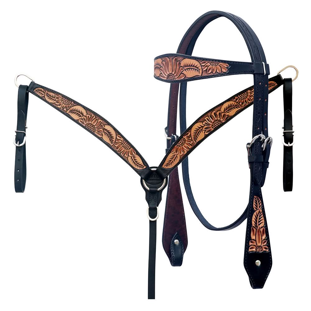 Hilason Horse Floral Hand Carved American Leather Breast Collar Headstall