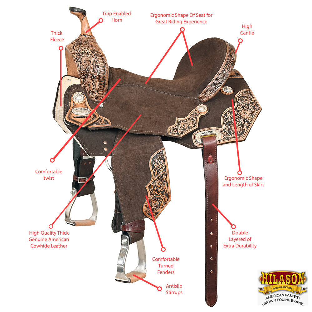 16 In Hilason Flex Tree Western Horse Floral Trail Barrel American Leather Saddle Brown