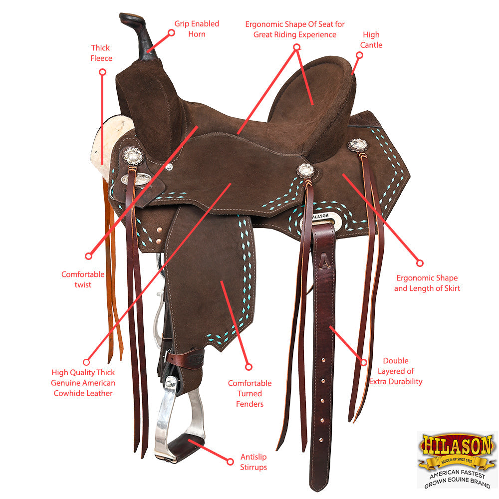14 In Hilason Flex Tree Western Horse Buckstitch Trail Barrel American Leather Saddle Brown