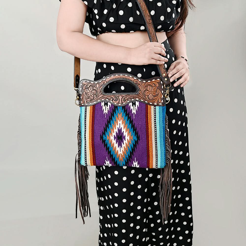 OHLAY HOBO Hand Tooled Upcycled Wool  Genuine Leather women bag western handbag purse