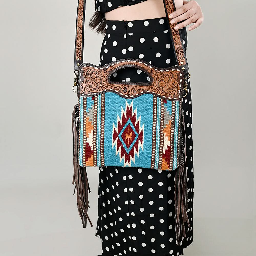 OHLAY HOBO Hand Tooled Upcycled Wool  Genuine Leather women bag western handbag purse