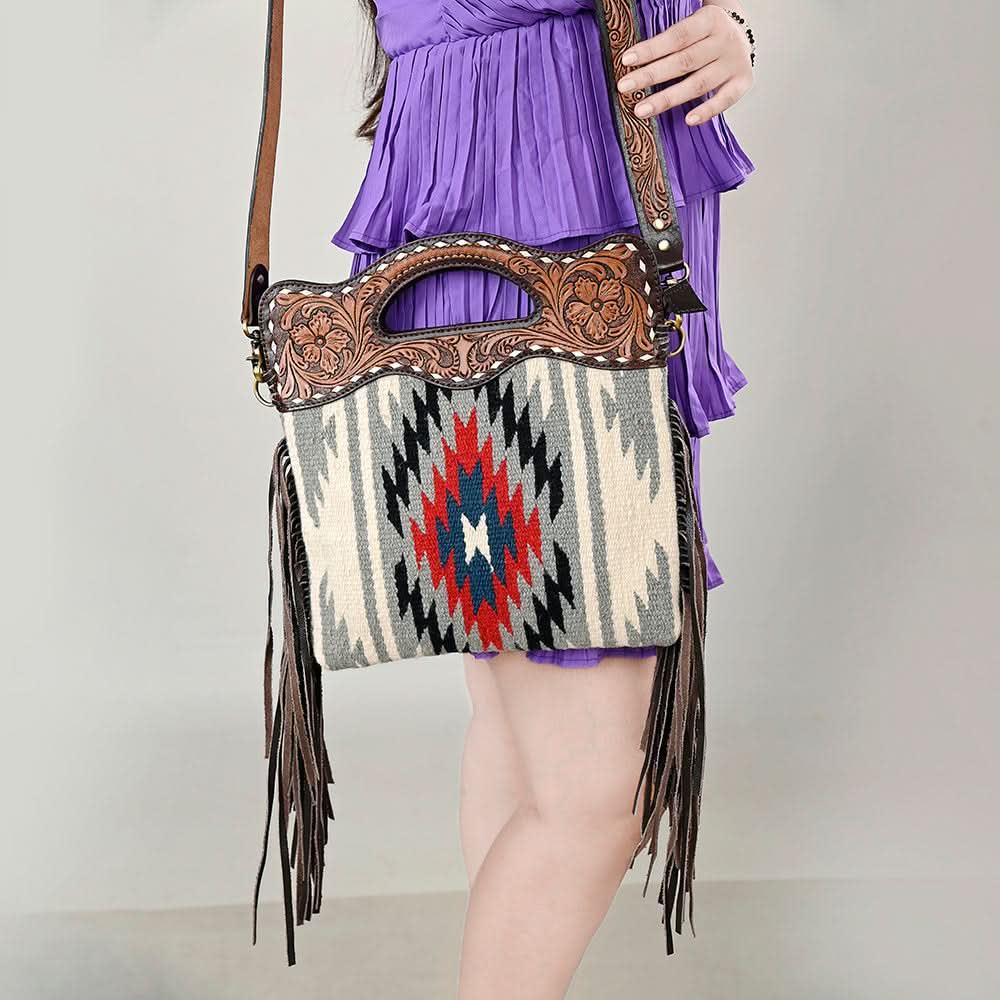 OHLAY HOBO Hand Tooled Upcycled Wool  Genuine Leather women bag western handbag purse