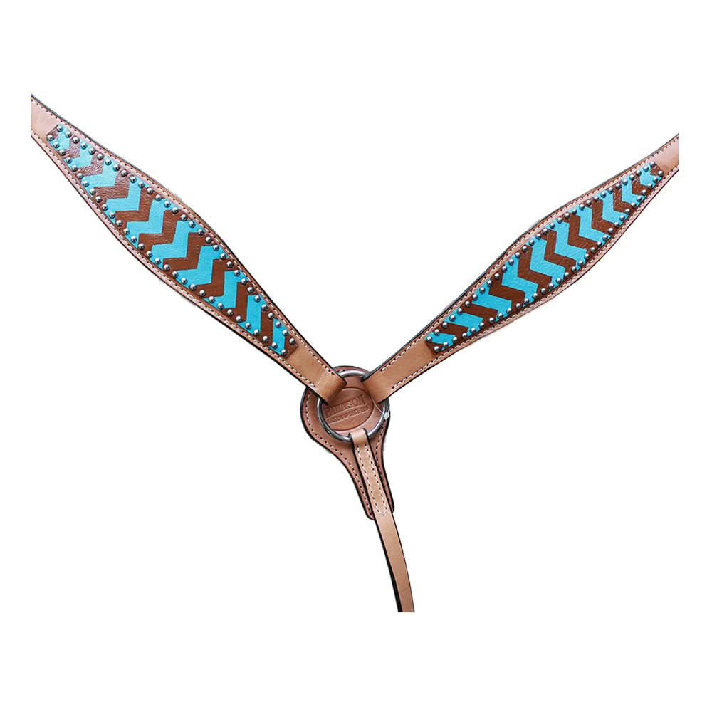 HILASON Western Horse Genuine Leather Headstall & Breast Collar Set Turquoise & Brown Zigzag