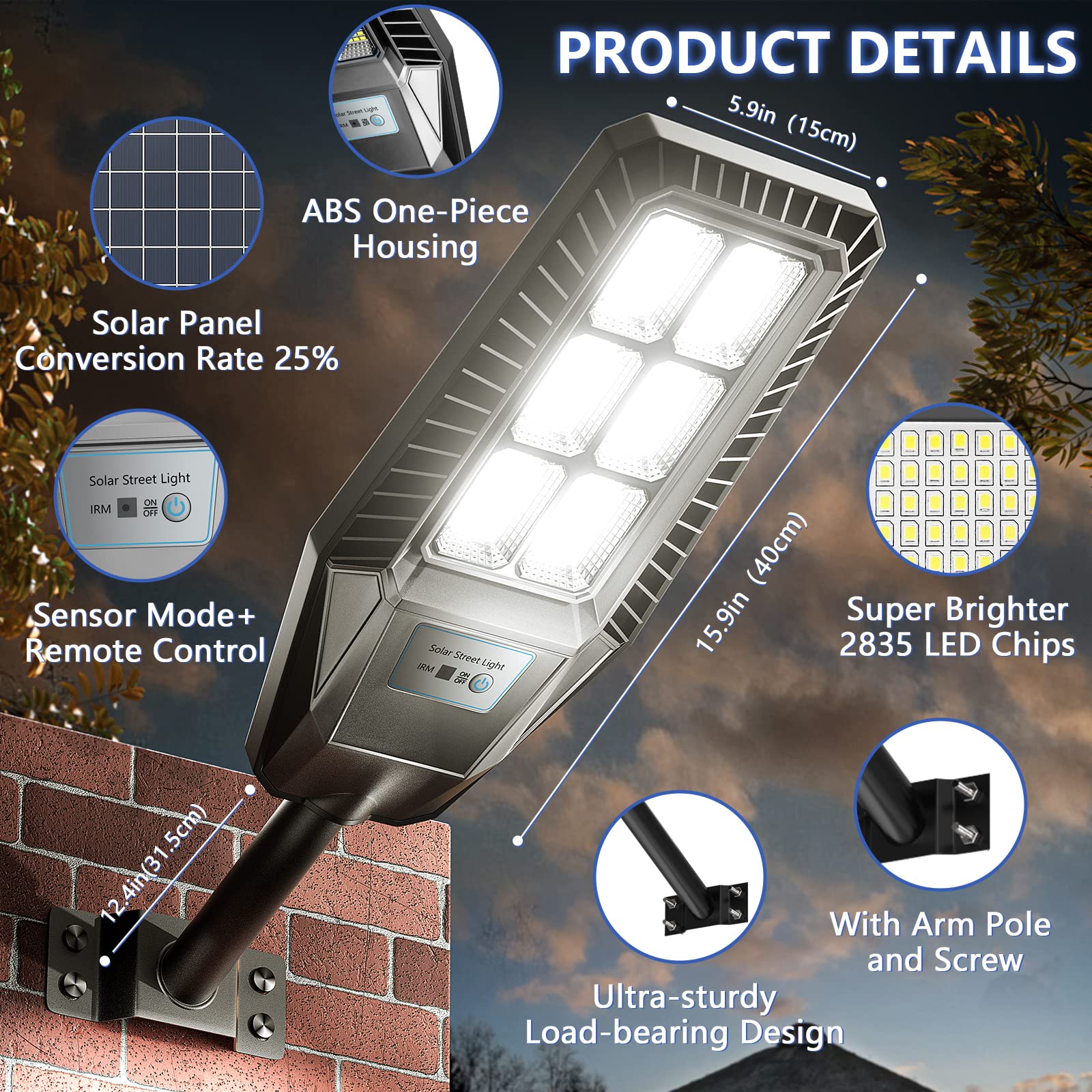 1500W Solar Street Light 30000LM LED Outdoor Waterproof Dusk to Dawn for Yard Lighting IP66 6000K with Bracket and Remote Control
