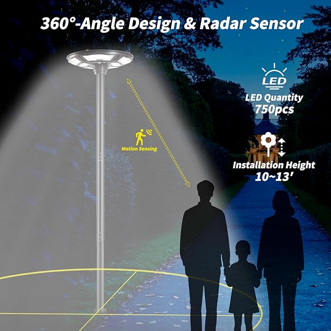 3500W Commercial Solar Round 360° Wide Angle Pole Outdoor Lamp Post Light with 98 inch Pole IP67 Waterproof With Remote