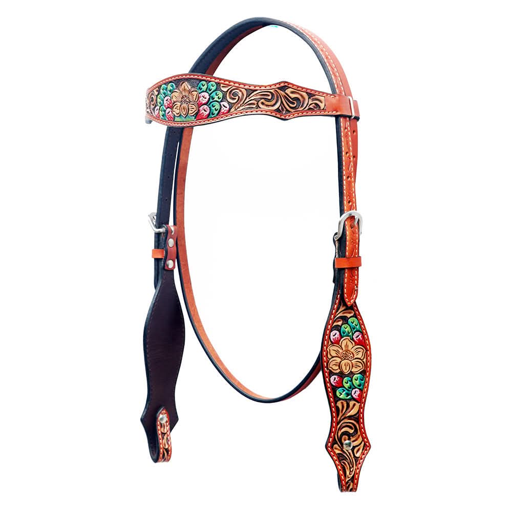 BAR H EQUINE Western Horse Floral Hand Painted Genuine Leather Headstall Tan