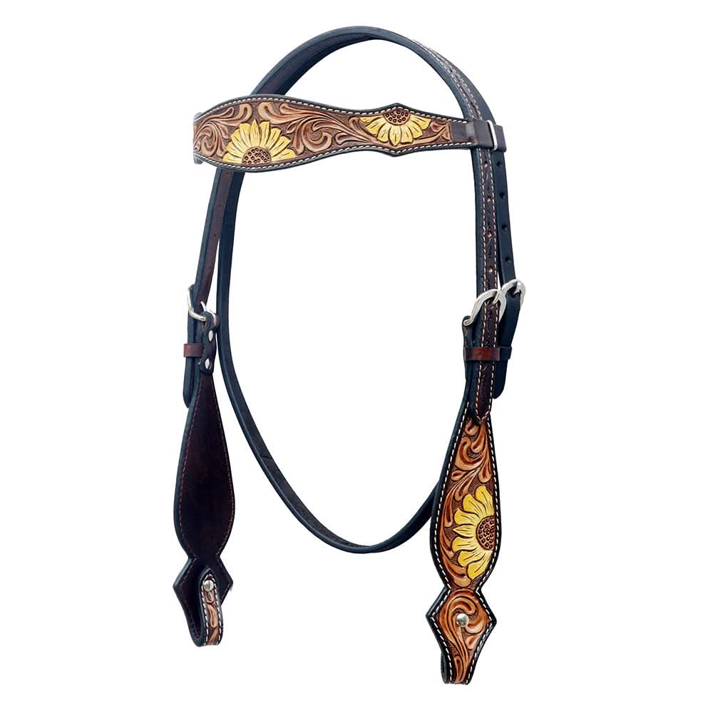 BAR H EQUINE Western Horse Floral Hand Painted Genuine Leather Headstall Tan