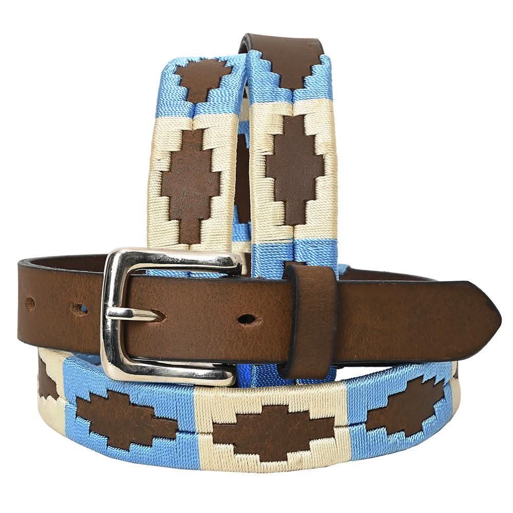 BAR H EQUINE Western Genuine Leather Men And Women Brown Belt Embroidered Beige & Light Blue