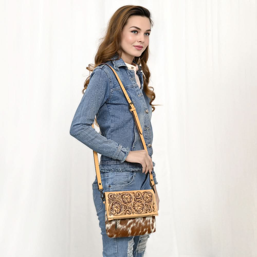 American Darling Adbgz843A Cross Body Hand Tooled Hair-On Genuine Leather Women Bag Western Handbag Purse