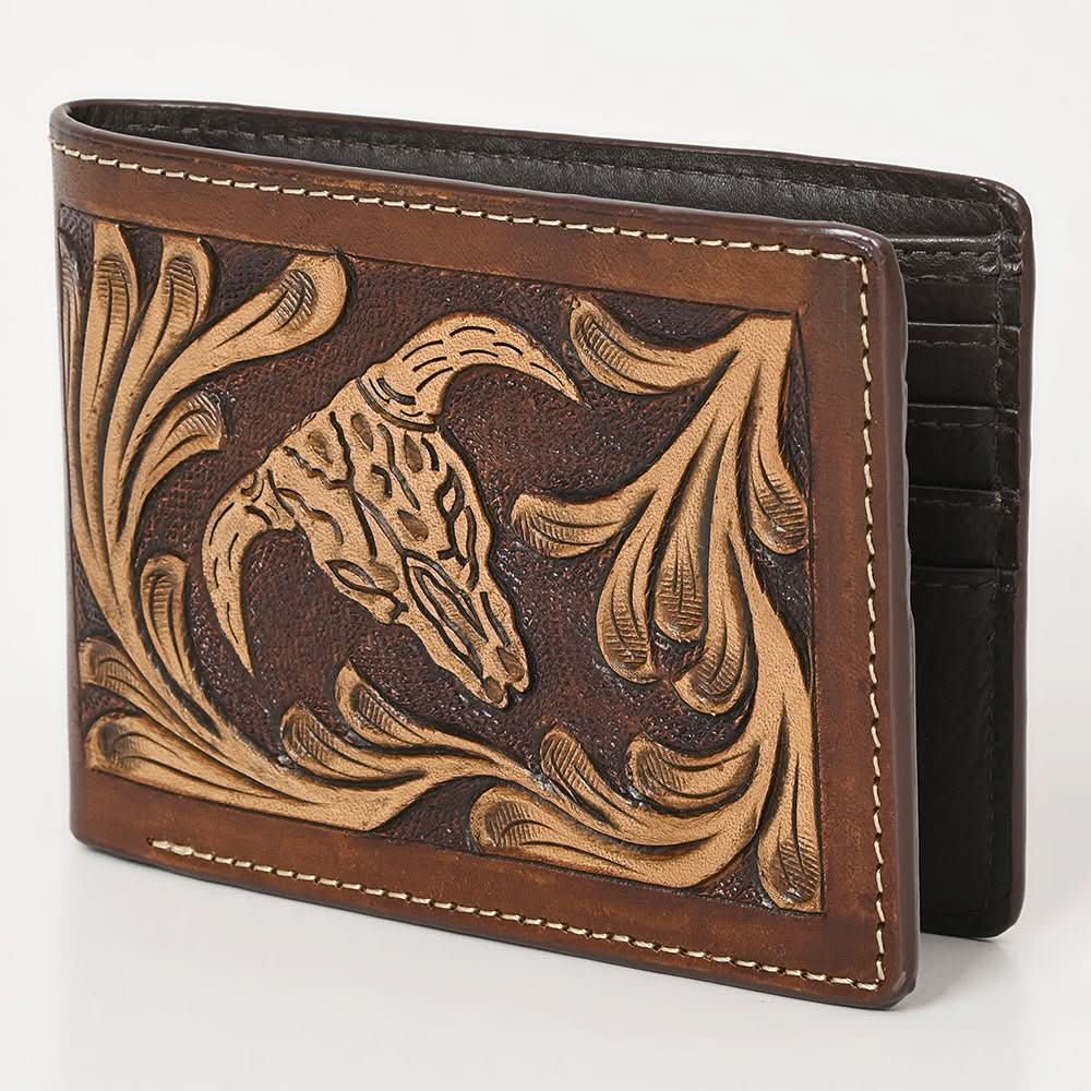 BAR H EQUINE Rodeo Steer Head Bifold & Trifold Wallet For Men Women Genuine Leather Brown