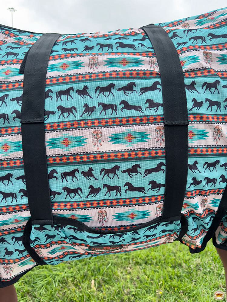 69 In - 84 In Hilason Horse Fly Sheet Uv Protect Mesh Bug Mosquito Summer White Turquoise