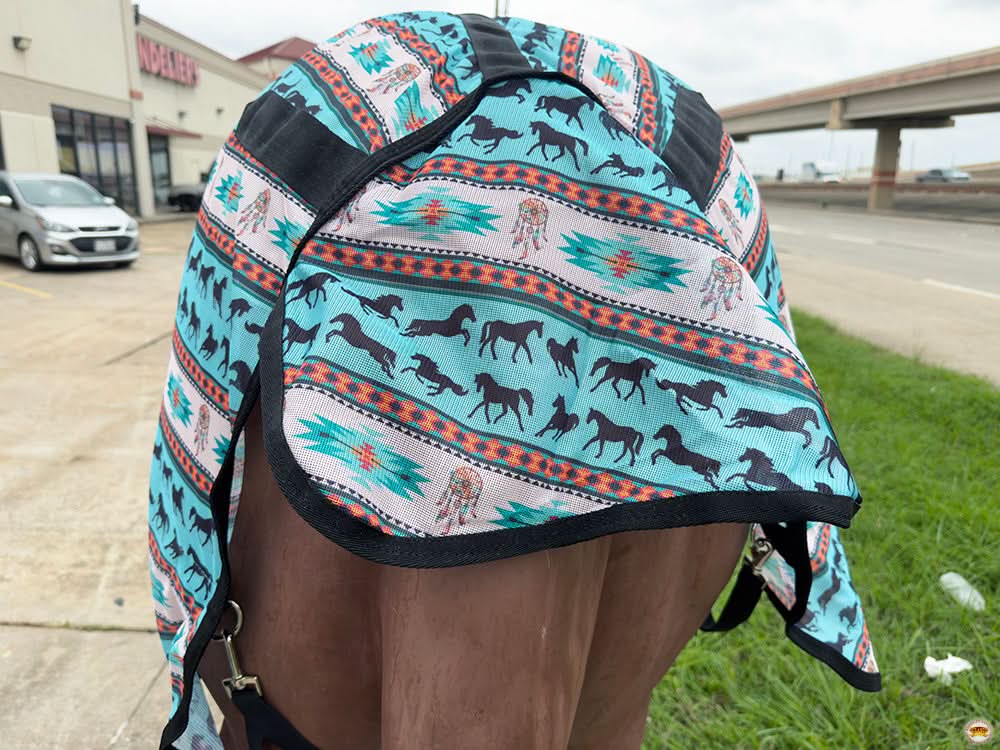 69 In - 84 In Hilason Horse Fly Sheet Uv Protect Mesh Bug Mosquito Summer White Turquoise